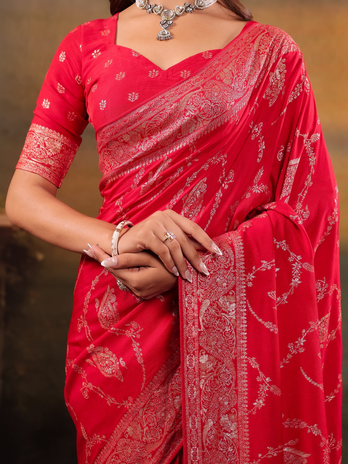 Red Nylon Viscose Pure Saree with Rich Woven Floral Butti Design, Traditional Designer Border, Grand Woven Pallu & Tassel Edges