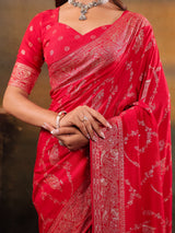 Red Nylon Viscose Pure Saree with Rich Woven Floral Butti Design, Traditional Designer Border, Grand Woven Pallu & Tassel Edges