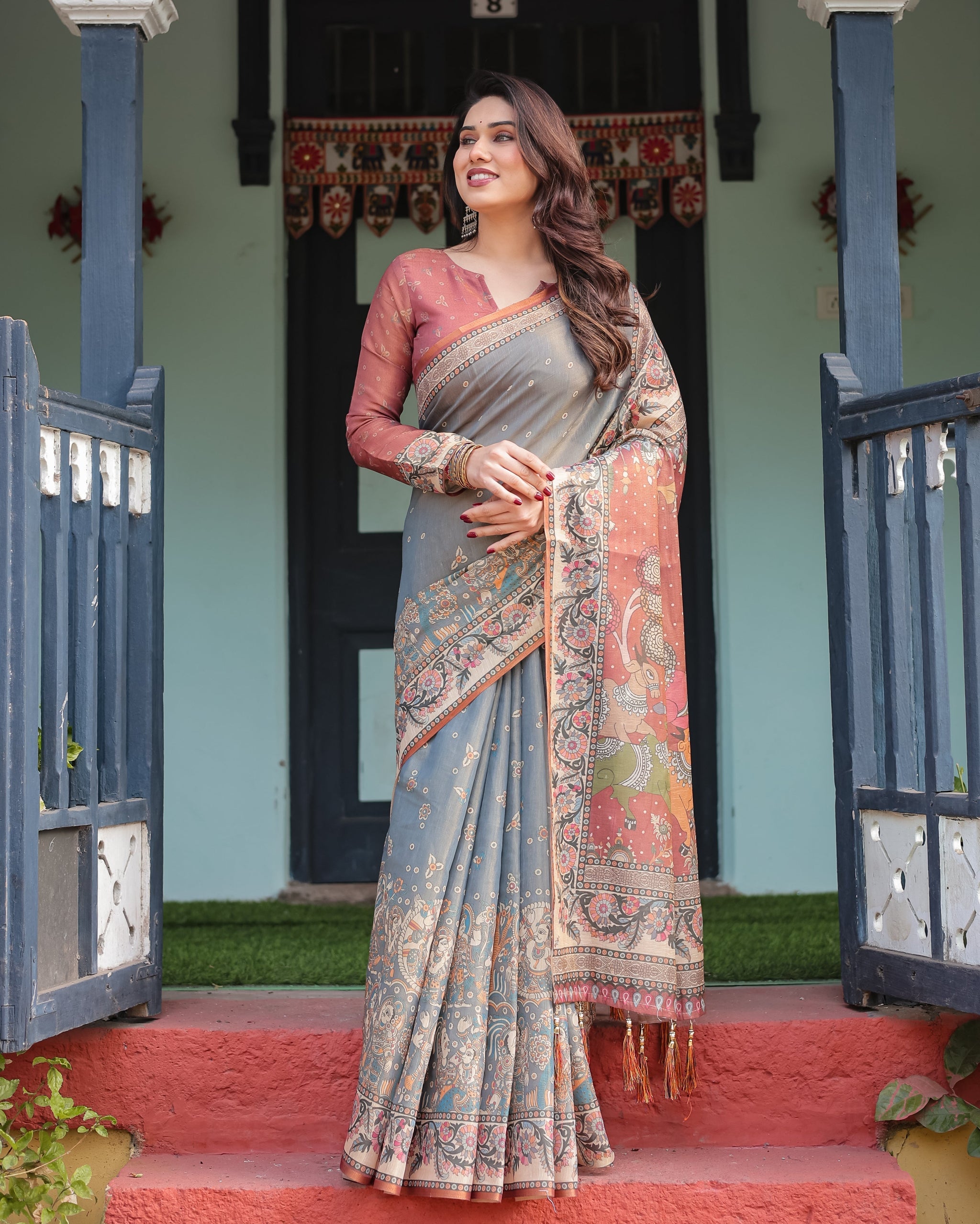 Slate Blue Handloom Cotton-Linen Saree with Vibrant Folk Motifs and Floral Pallu