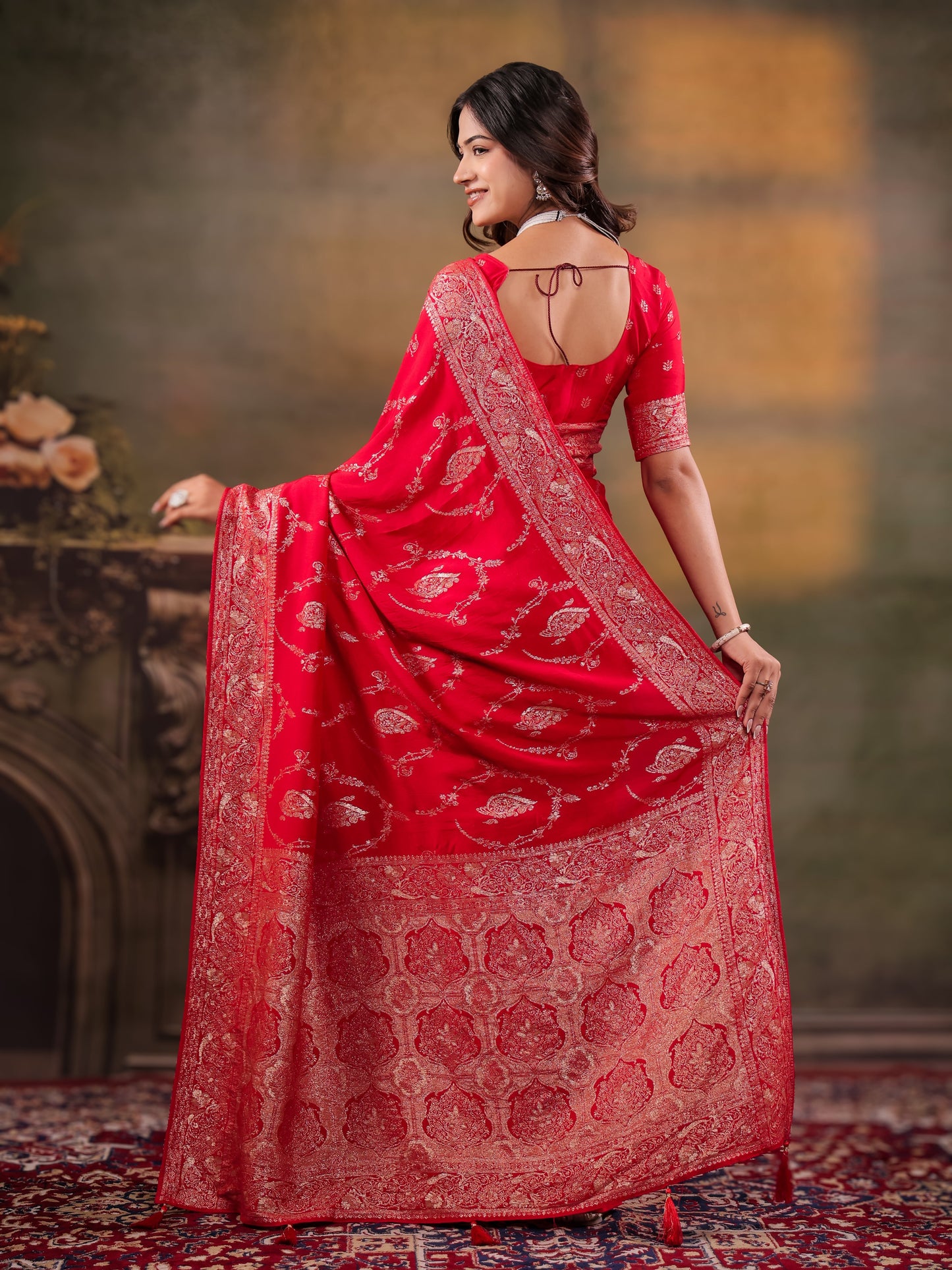 Red Nylon Viscose Pure Saree with Rich Woven Floral Butti Design, Traditional Designer Border, Grand Woven Pallu & Tassel Edges