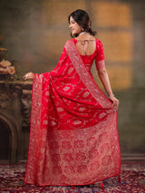 Red Nylon Viscose Pure Saree with Rich Woven Floral Butti Design, Traditional Designer Border, Grand Woven Pallu & Tassel Edges