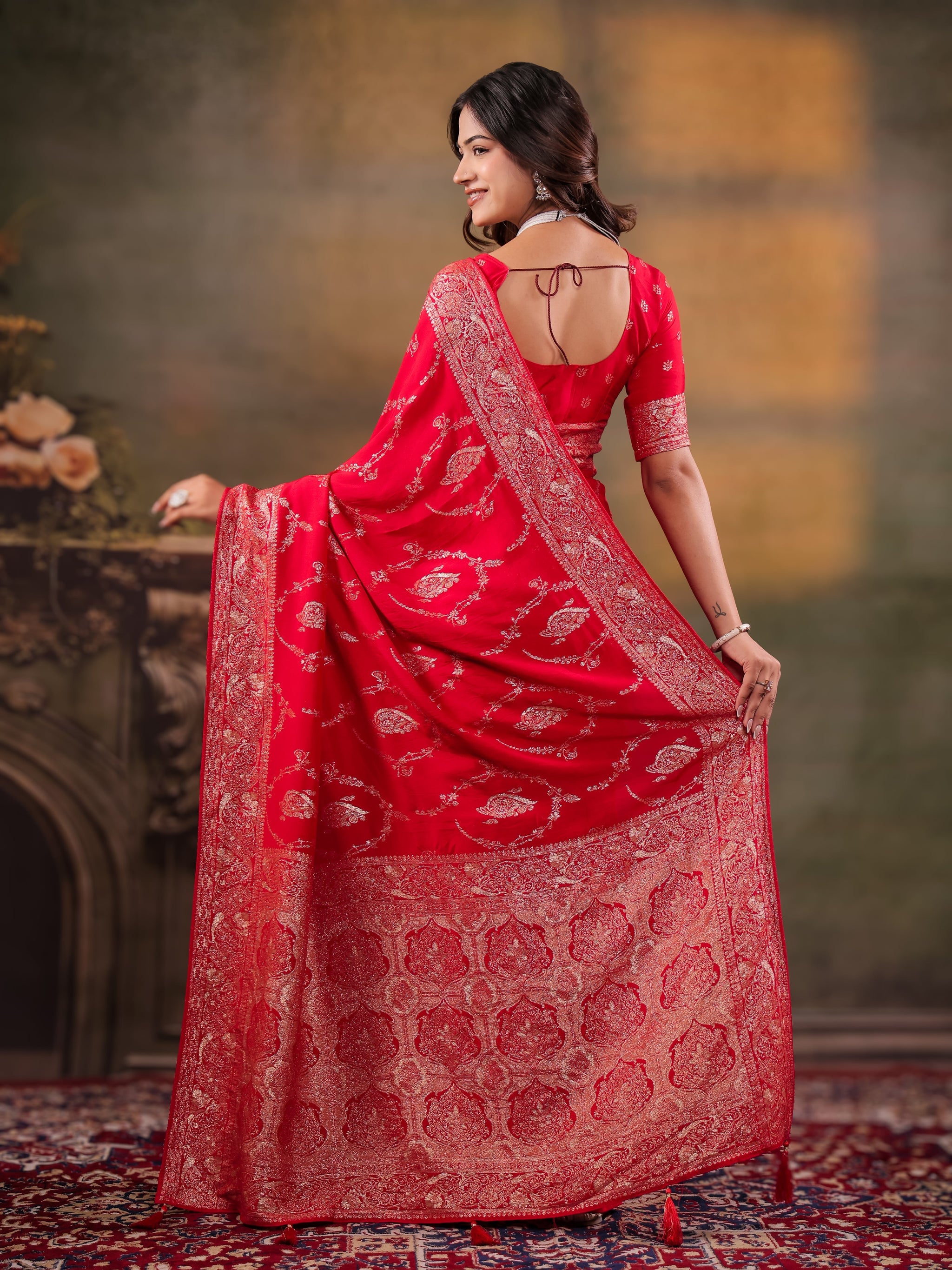 Red Nylon Viscose Pure Saree with Rich Woven Floral Butti Design, Traditional Designer Border, Grand Woven Pallu & Tassel Edges
