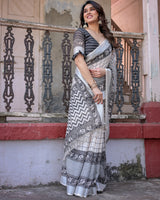 Elegant White Linen Saree with White Lotus Print & Silver Zari Border