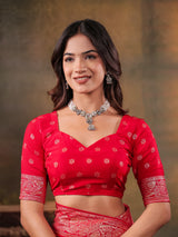 Red Nylon Viscose Pure Saree with Rich Woven Floral Butti Design, Traditional Designer Border, Grand Woven Pallu & Tassel Edges