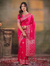 Rani Pink Nylon Viscose Pure Saree with Floral Woven Border, Traditional Butti Design, Designer Pallu & Tassel Edges