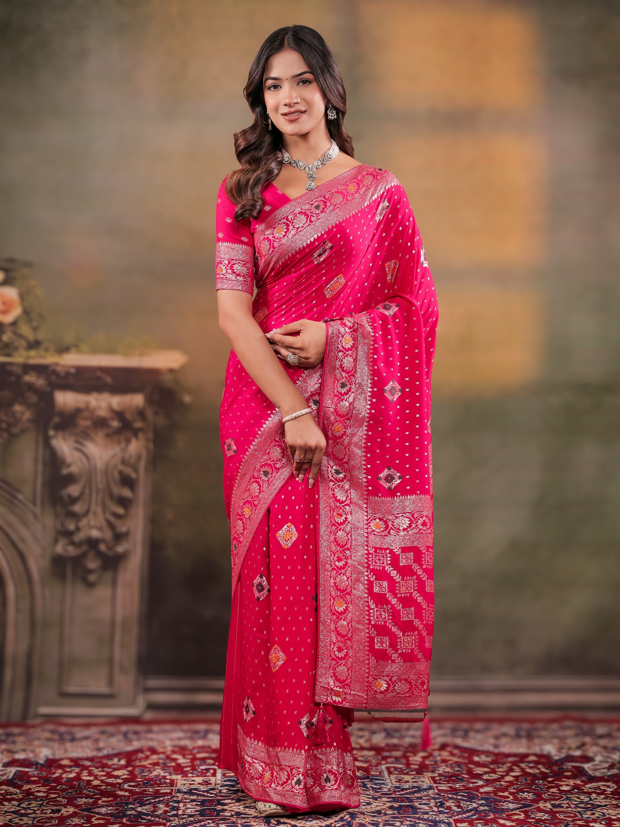 Rani Pink Nylon Viscose Pure Saree with Floral Woven Border, Traditional Butti Design, Designer Pallu & Tassel Edges