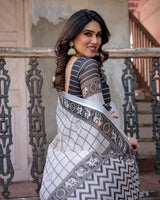 Elegant White Linen Saree with White Lotus Print & Silver Zari Border