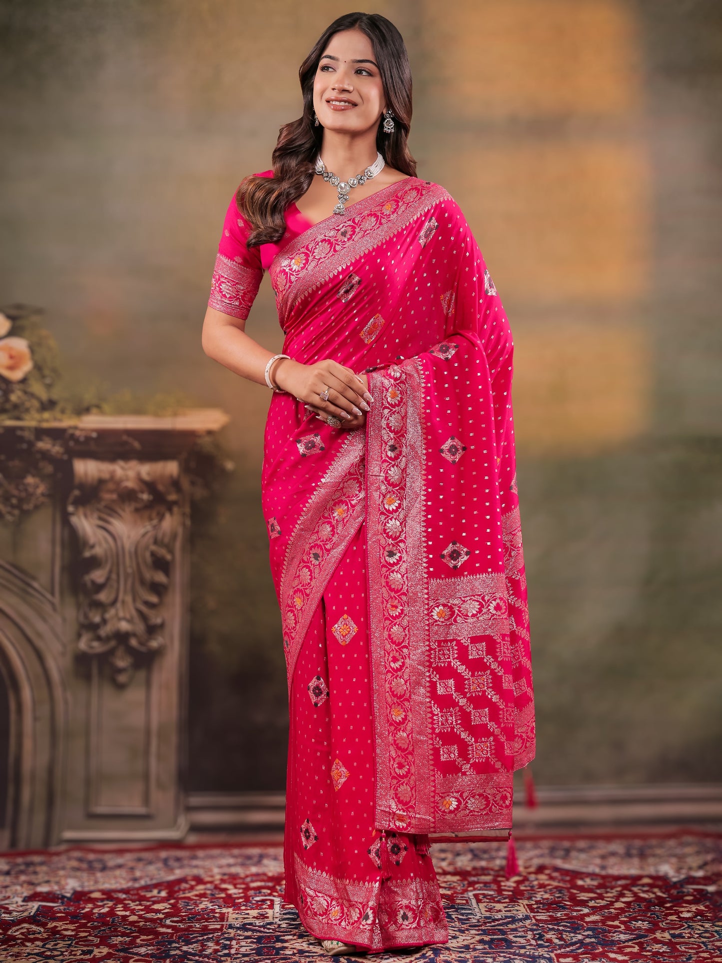 Rani Pink Nylon Viscose Pure Saree with Floral Woven Border, Traditional Butti Design, Designer Pallu & Tassel Edges