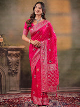 Rani Pink Nylon Viscose Pure Saree with Floral Woven Border, Traditional Butti Design, Designer Pallu & Tassel Edges