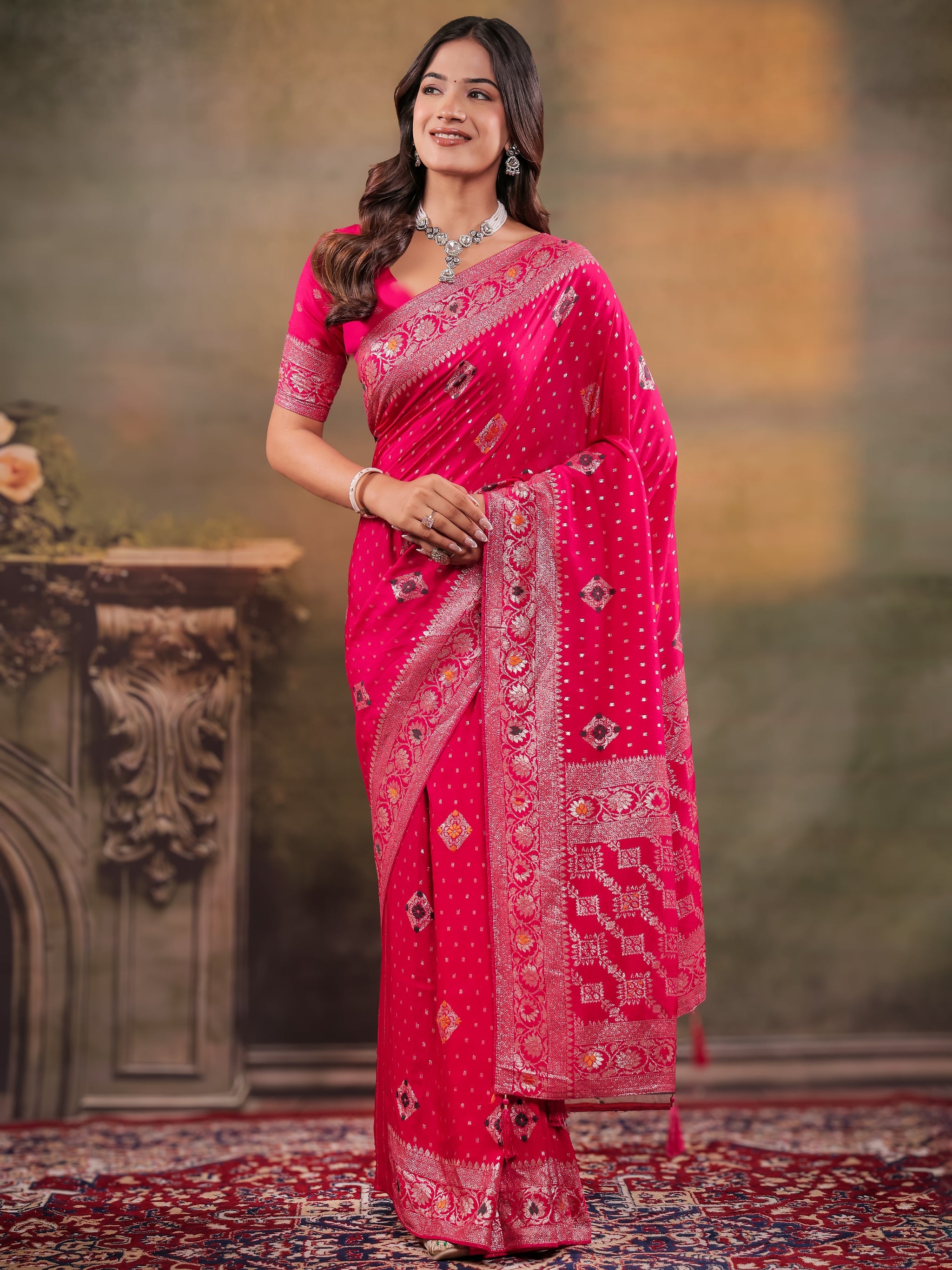 Rani Pink Nylon Viscose Pure Saree with Floral Woven Border, Traditional Butti Design, Designer Pallu & Tassel Edges