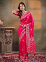 Rani Pink Nylon Viscose Pure Saree with Floral Woven Border, Traditional Butti Design, Designer Pallu & Tassel Edges