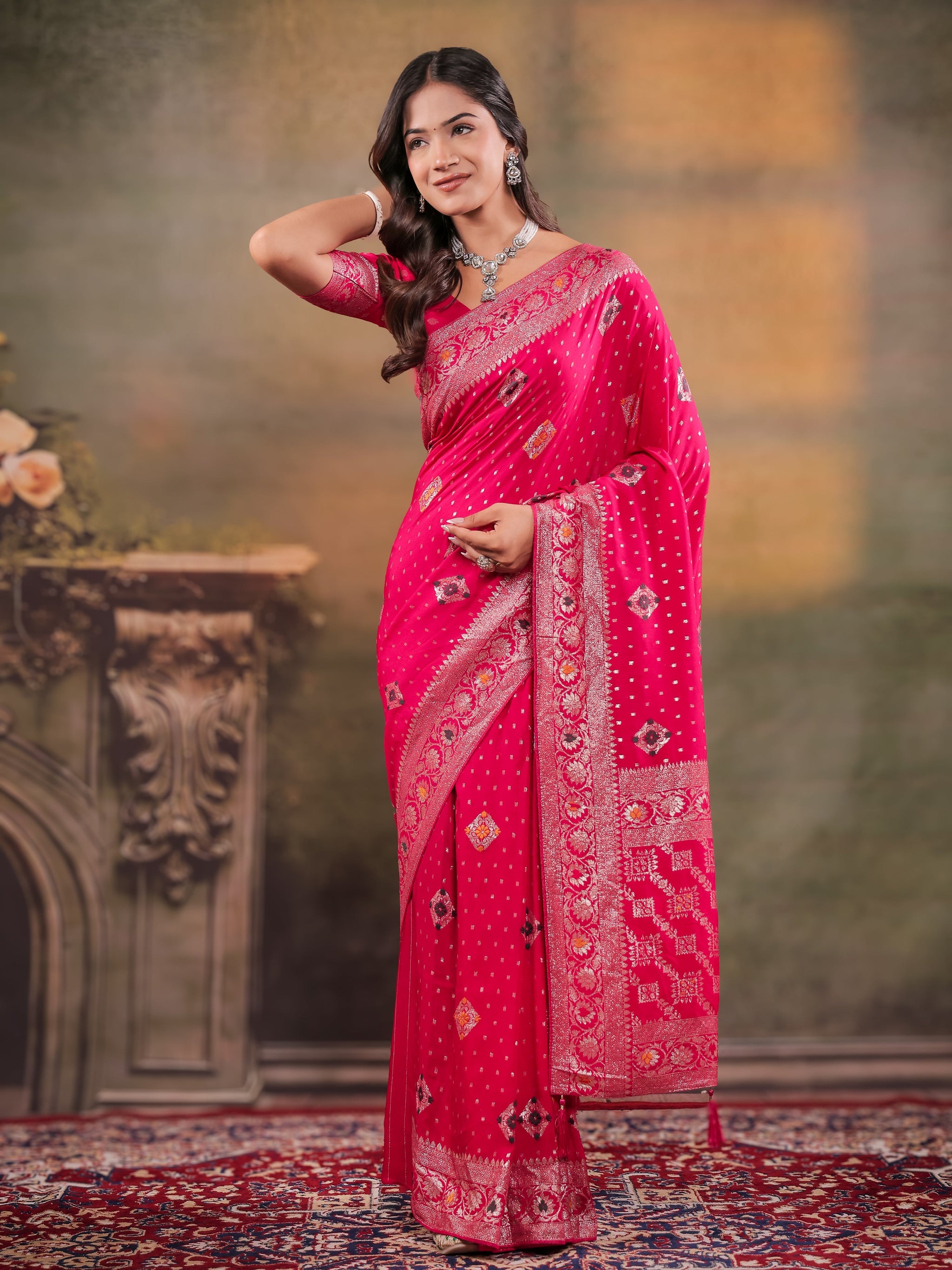 Rani Pink Nylon Viscose Pure Saree with Floral Woven Border, Traditional Butti Design, Designer Pallu & Tassel Edges