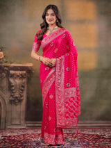 Rani Pink Nylon Viscose Pure Saree with Floral Woven Border, Traditional Butti Design, Designer Pallu & Tassel Edges