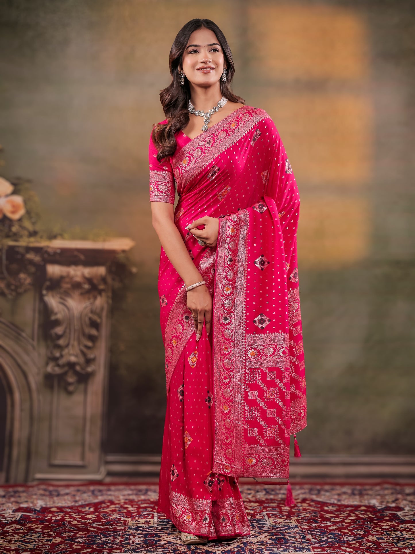Rani Pink Nylon Viscose Pure Saree with Floral Woven Border, Traditional Butti Design, Designer Pallu & Tassel Edges