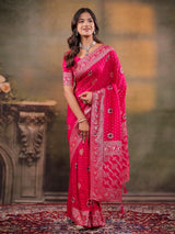 Rani Pink Nylon Viscose Pure Saree with Floral Woven Border, Traditional Butti Design, Designer Pallu & Tassel Edges