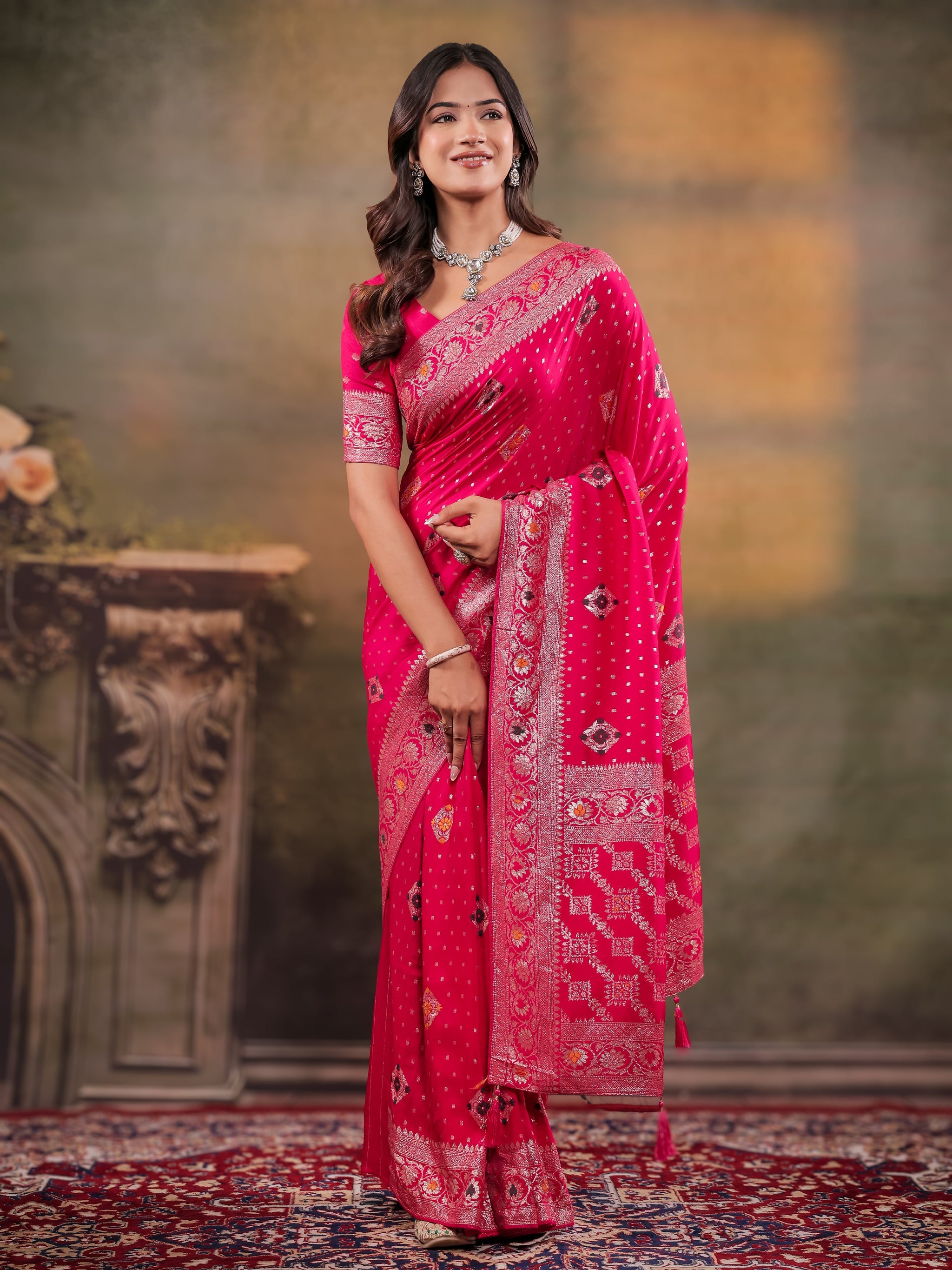 Rani Pink Nylon Viscose Pure Saree with Floral Woven Border, Traditional Butti Design, Designer Pallu & Tassel Edges