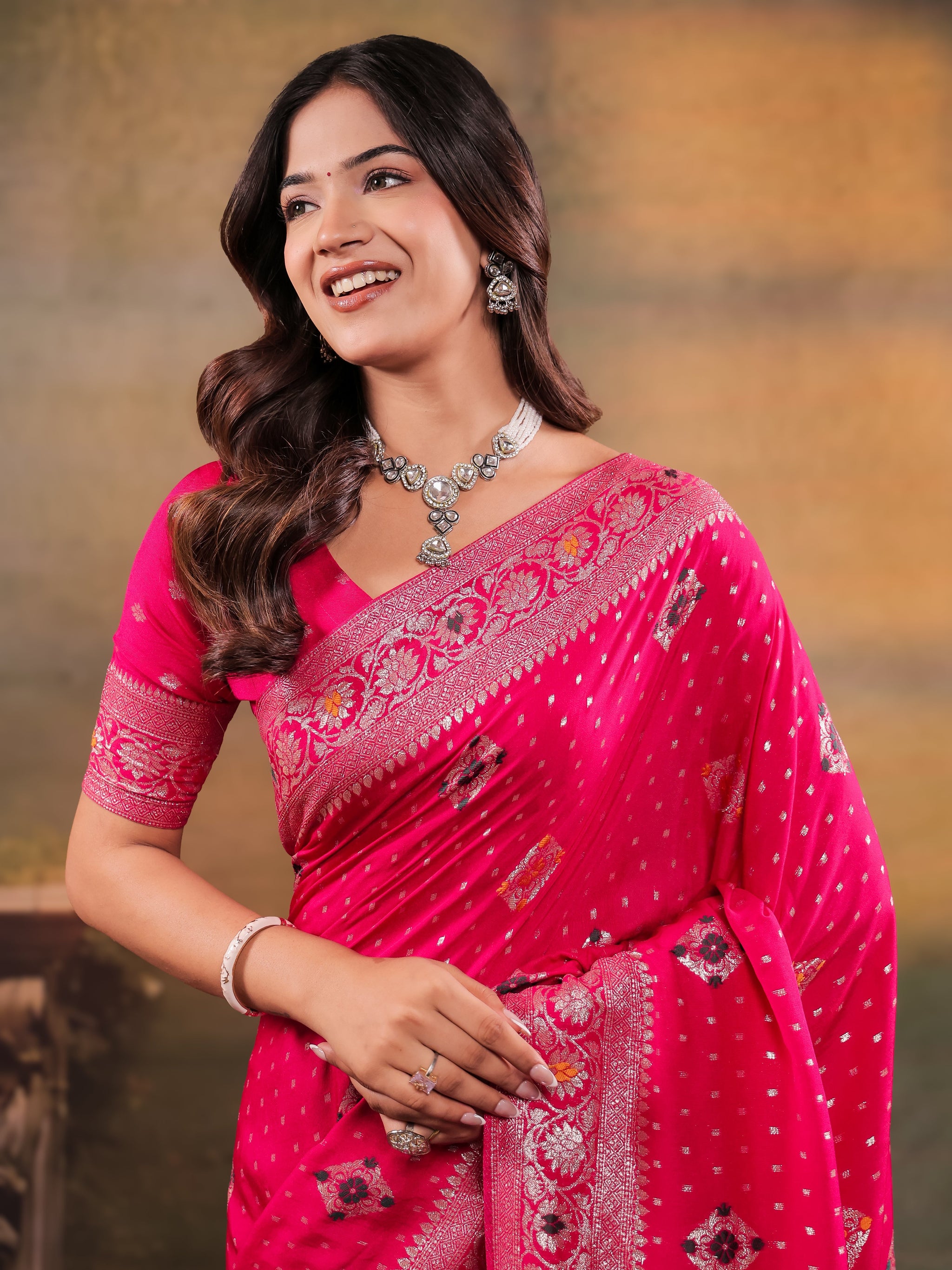 Rani Pink Nylon Viscose Pure Saree with Floral Woven Border, Traditional Butti Design, Designer Pallu & Tassel Edges