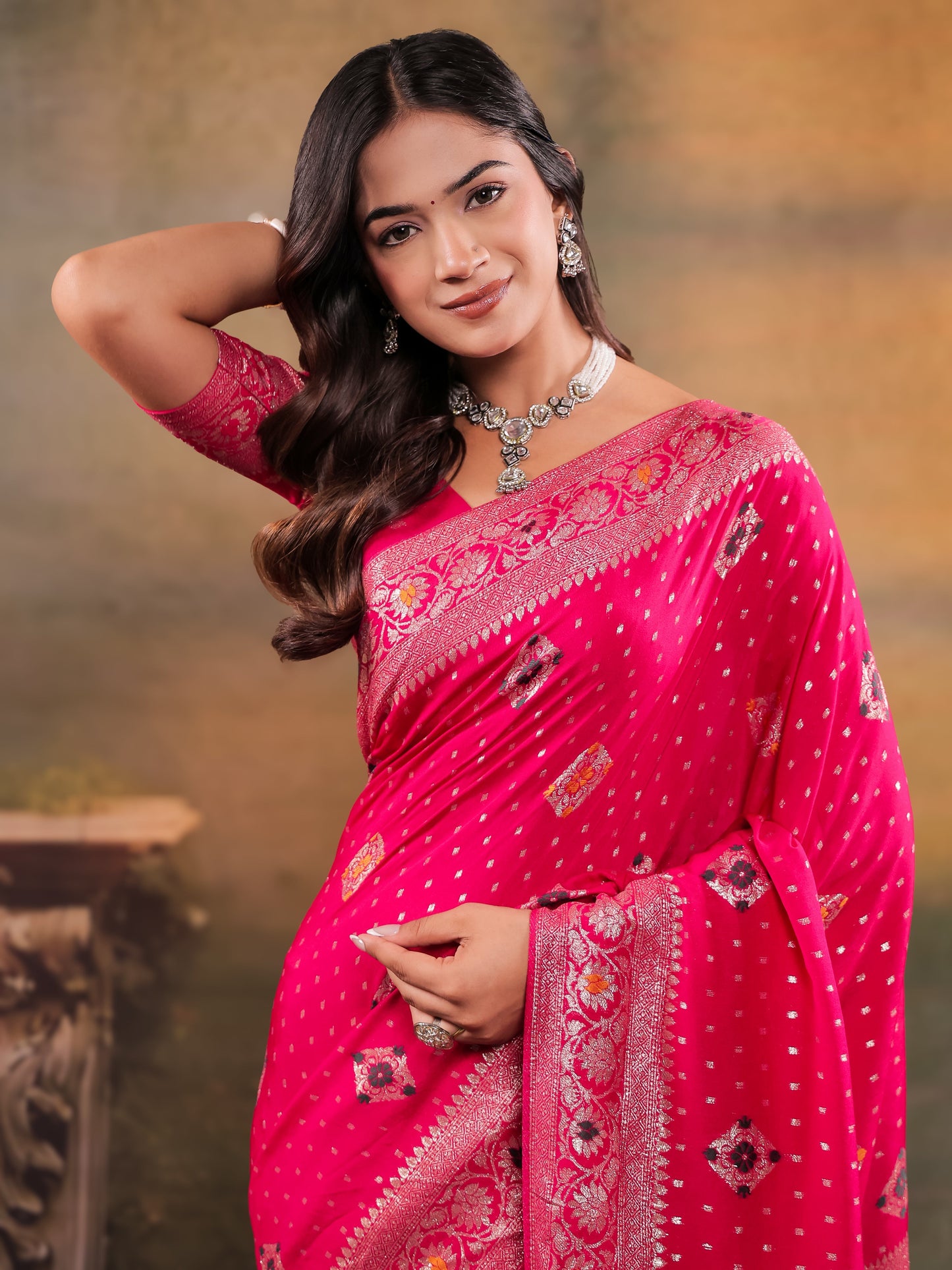 Rani Pink Nylon Viscose Pure Saree with Floral Woven Border, Traditional Butti Design, Designer Pallu & Tassel Edges