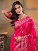 Rani Pink Nylon Viscose Pure Saree with Floral Woven Border, Traditional Butti Design, Designer Pallu & Tassel Edges