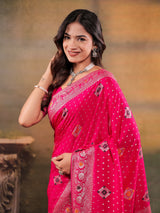 Rani Pink Nylon Viscose Pure Saree with Floral Woven Border, Traditional Butti Design, Designer Pallu & Tassel Edges