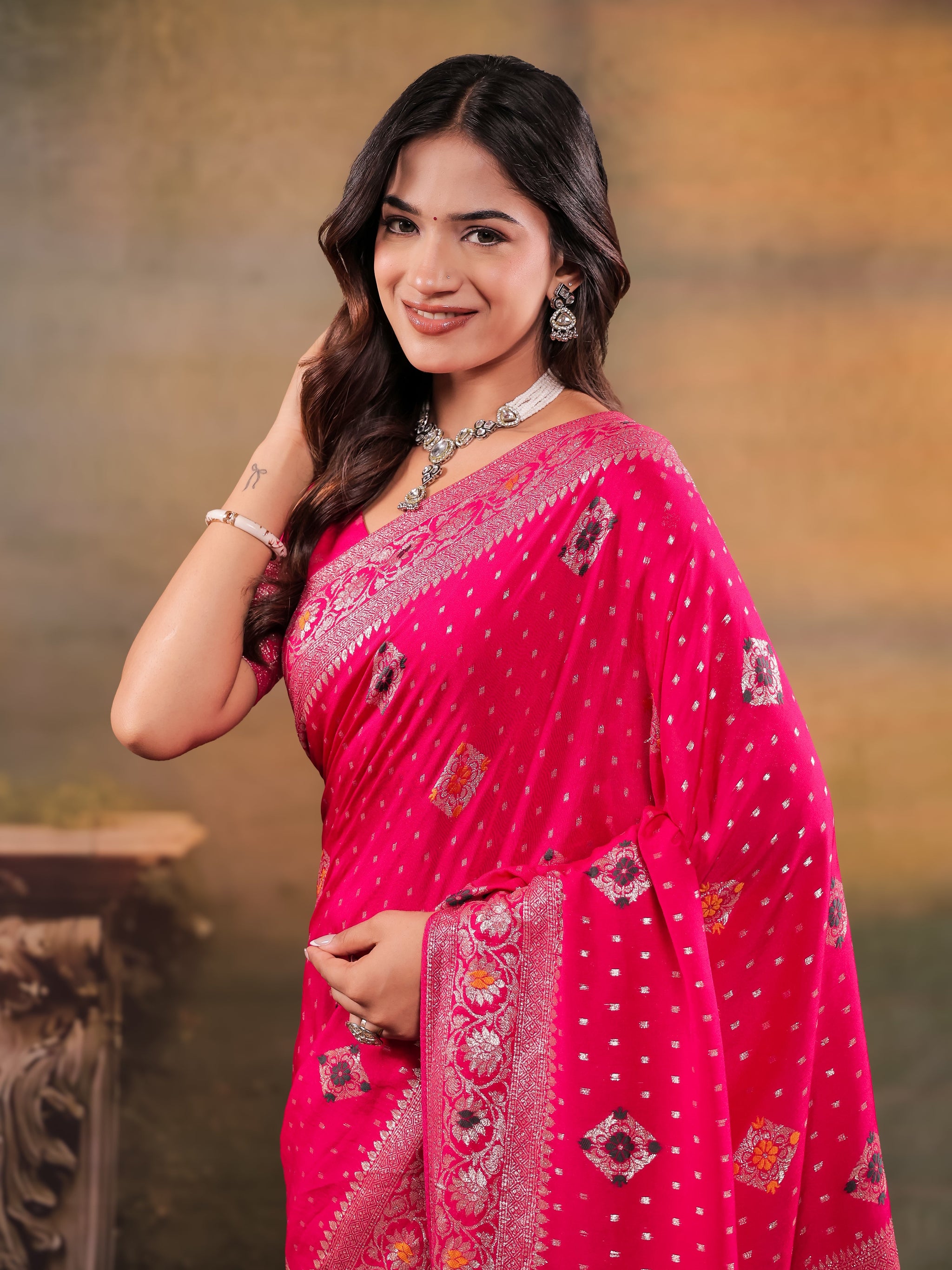 Rani Pink Nylon Viscose Pure Saree with Floral Woven Border, Traditional Butti Design, Designer Pallu & Tassel Edges