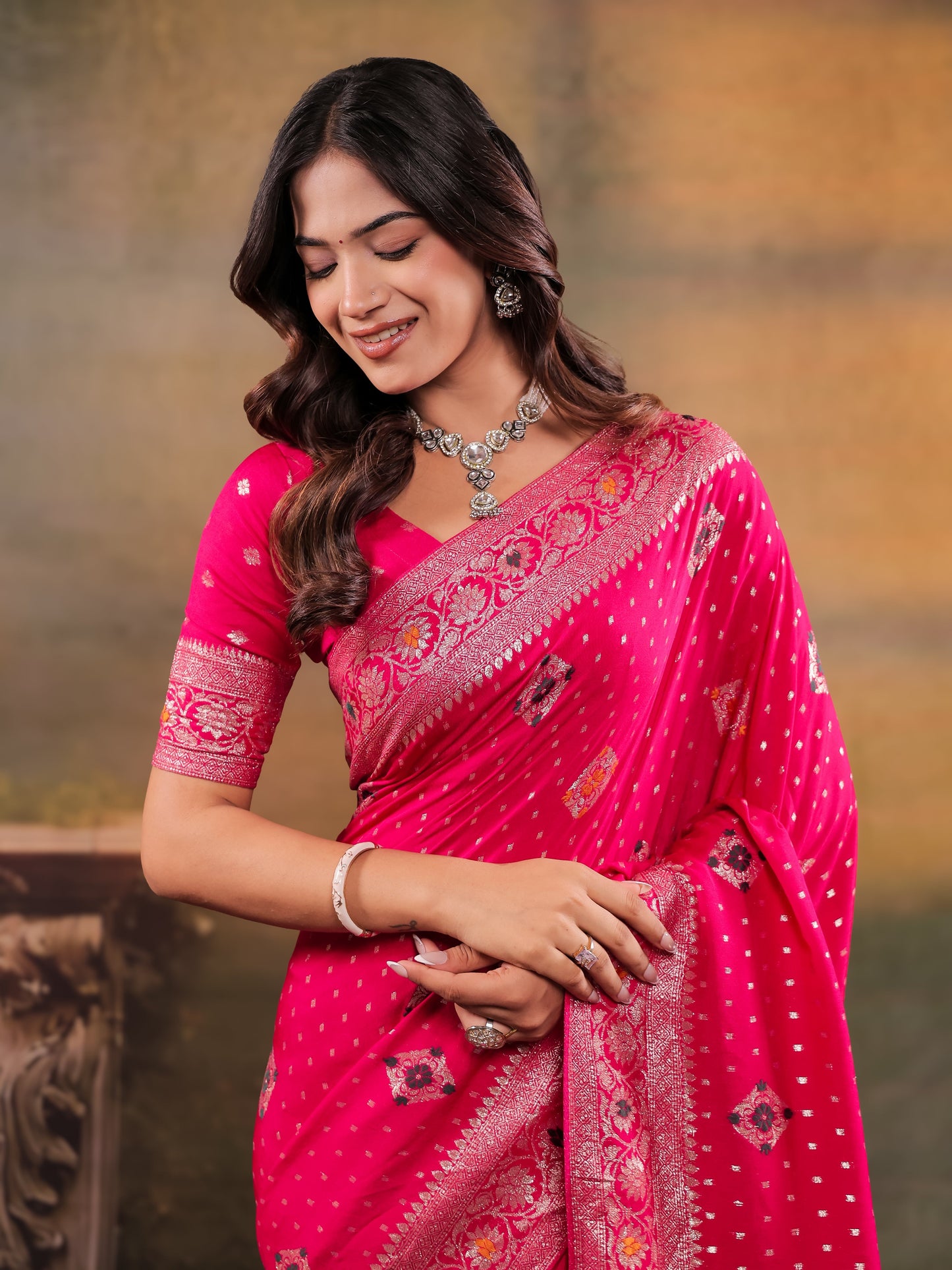 Rani Pink Nylon Viscose Pure Saree with Floral Woven Border, Traditional Butti Design, Designer Pallu & Tassel Edges