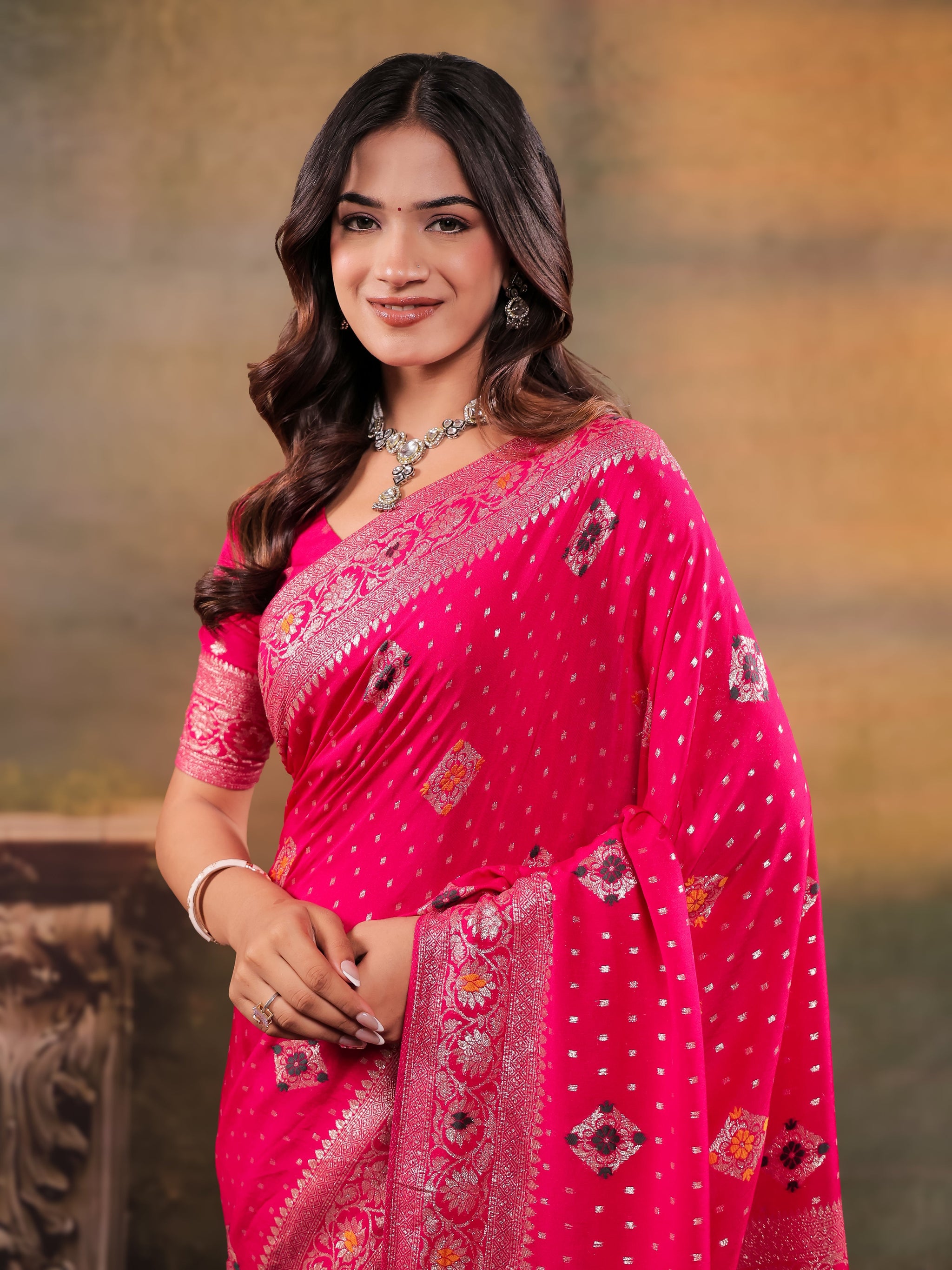 Rani Pink Nylon Viscose Pure Saree with Floral Woven Border, Traditional Butti Design, Designer Pallu & Tassel Edges