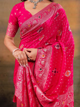 Rani Pink Nylon Viscose Pure Saree with Floral Woven Border, Traditional Butti Design, Designer Pallu & Tassel Edges