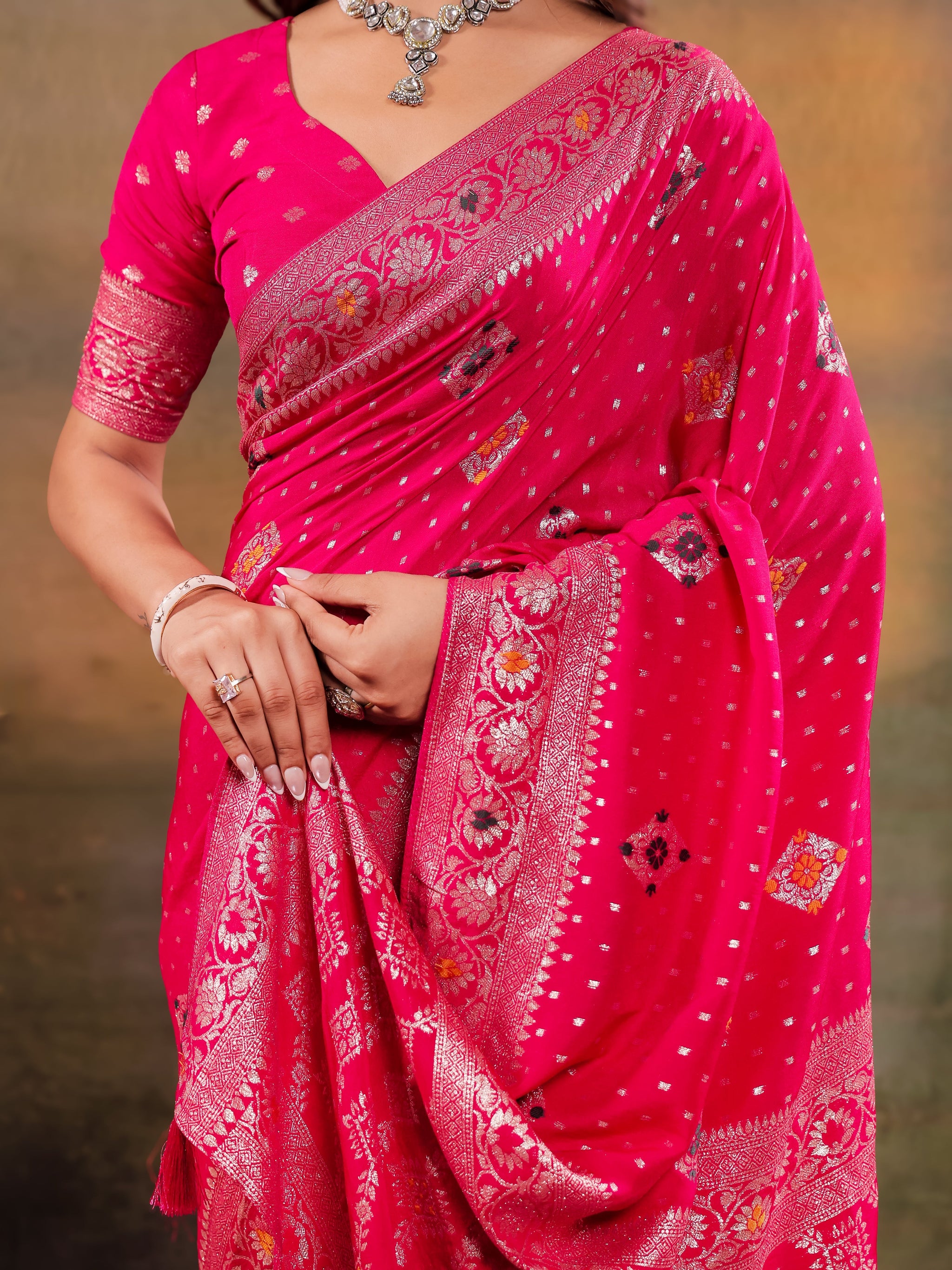 Rani Pink Nylon Viscose Pure Saree with Floral Woven Border, Traditional Butti Design, Designer Pallu & Tassel Edges