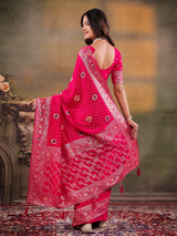 Rani Pink Nylon Viscose Pure Saree with Floral Woven Border, Traditional Butti Design, Designer Pallu & Tassel Edges