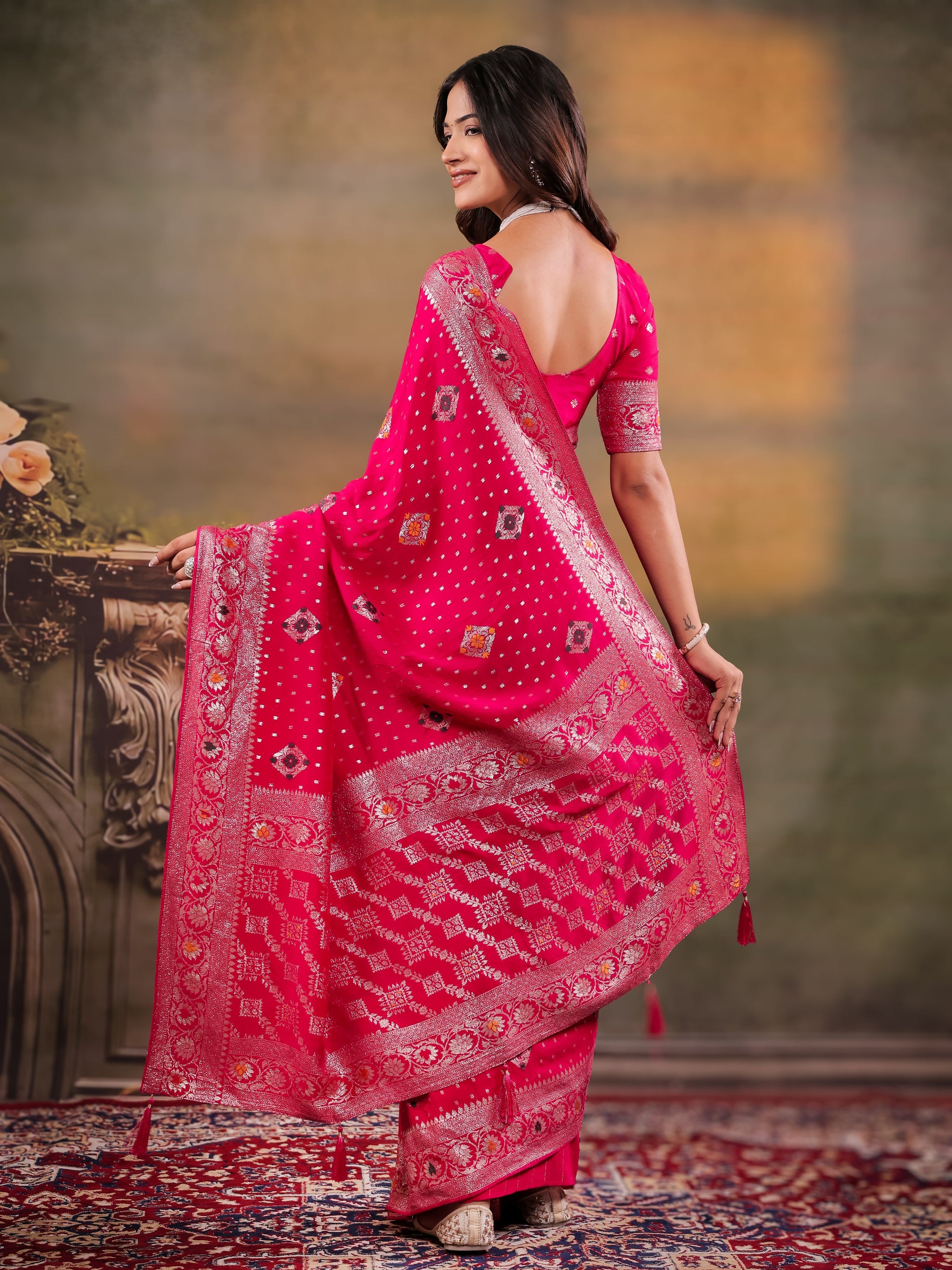 Rani Pink Nylon Viscose Pure Saree with Floral Woven Border, Traditional Butti Design, Designer Pallu & Tassel Edges