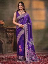 Royal Purple Nylon Viscose Pure Saree with Floral Woven Border, Artistic Floral Design, Designer Pallu & Tassel Edges