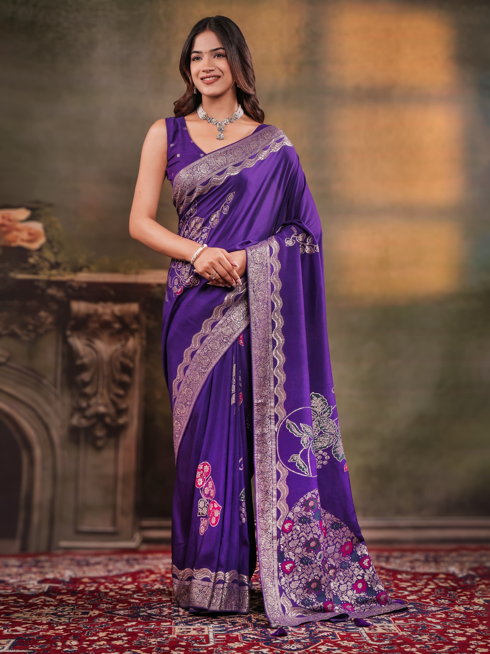 Royal Purple Nylon Viscose Pure Saree with Floral Woven Border, Artistic Floral Design, Designer Pallu & Tassel Edges