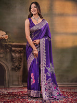 Royal Purple Nylon Viscose Pure Saree with Floral Woven Border, Artistic Floral Design, Designer Pallu & Tassel Edges