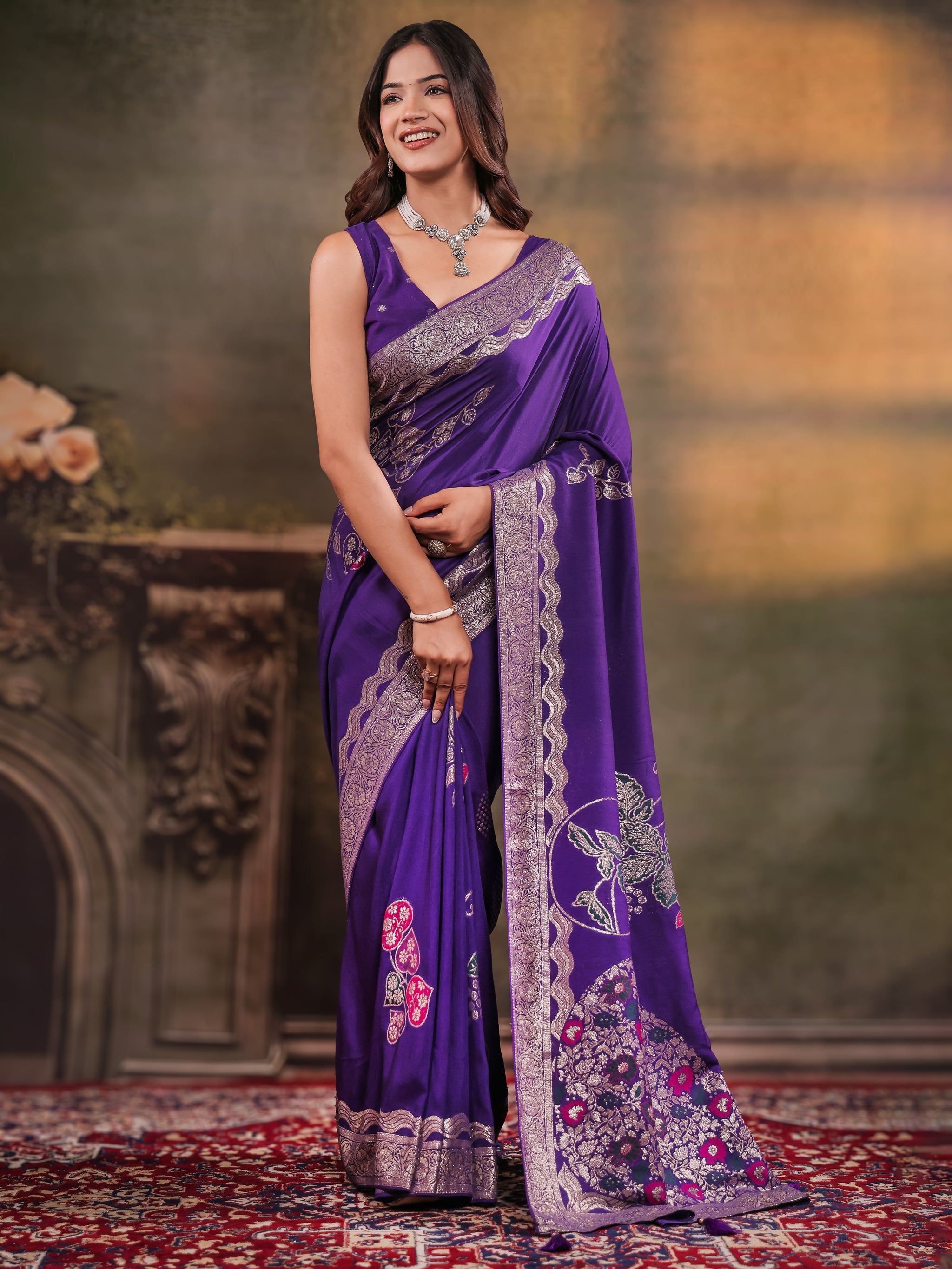 Royal Purple Nylon Viscose Pure Saree with Floral Woven Border, Artistic Floral Design, Designer Pallu & Tassel Edges