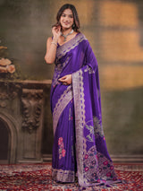 Royal Purple Nylon Viscose Pure Saree with Floral Woven Border, Artistic Floral Design, Designer Pallu & Tassel Edges
