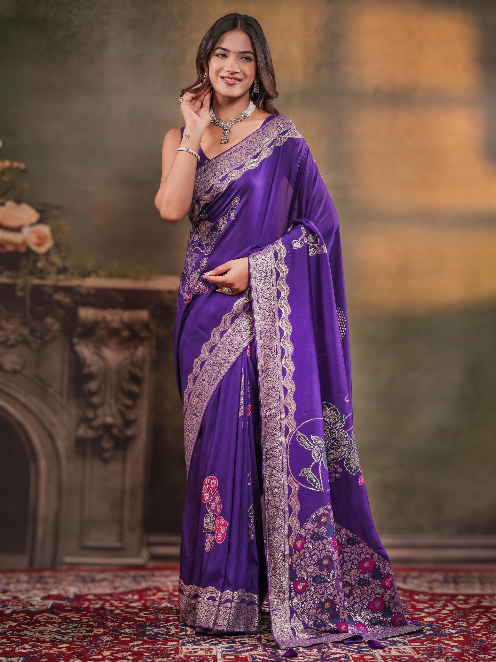 Royal Purple Nylon Viscose Pure Saree with Floral Woven Border, Artistic Floral Design, Designer Pallu & Tassel Edges