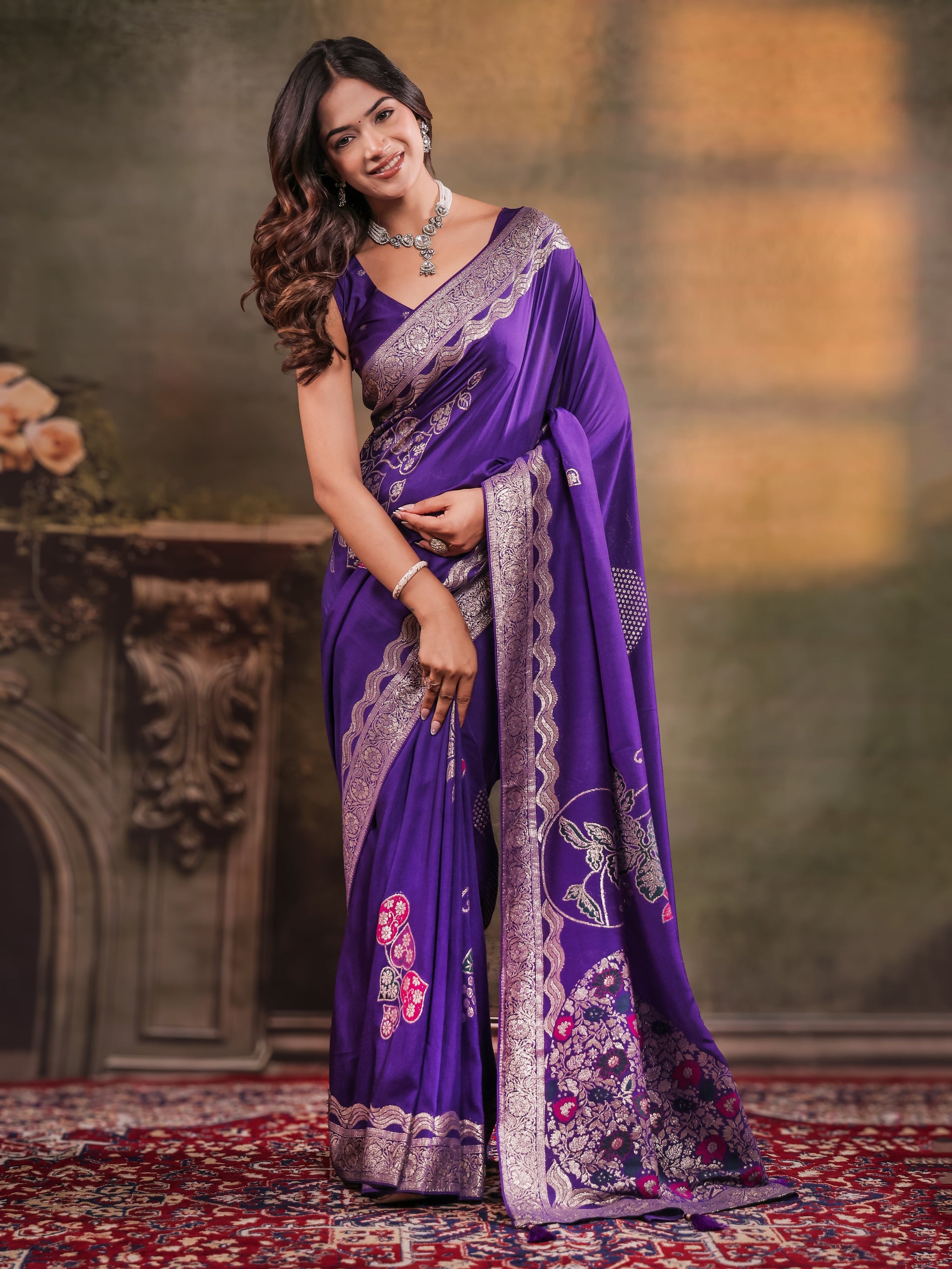 Royal Purple Nylon Viscose Pure Saree with Floral Woven Border, Artistic Floral Design, Designer Pallu & Tassel Edges