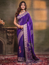Royal Purple Nylon Viscose Pure Saree with Floral Woven Border, Artistic Floral Design, Designer Pallu & Tassel Edges