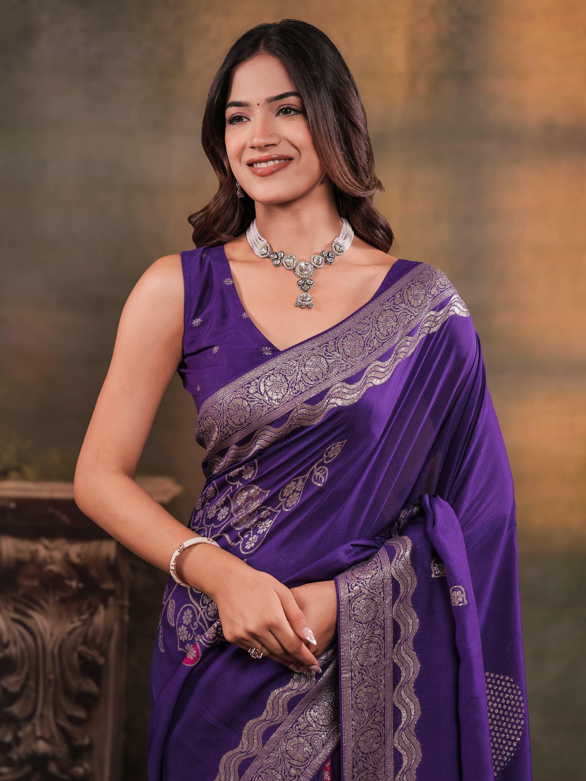 Royal Purple Nylon Viscose Pure Saree with Floral Woven Border, Artistic Floral Design, Designer Pallu & Tassel Edges