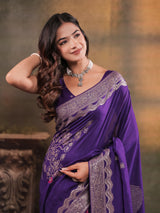 Royal Purple Nylon Viscose Pure Saree with Floral Woven Border, Artistic Floral Design, Designer Pallu & Tassel Edges