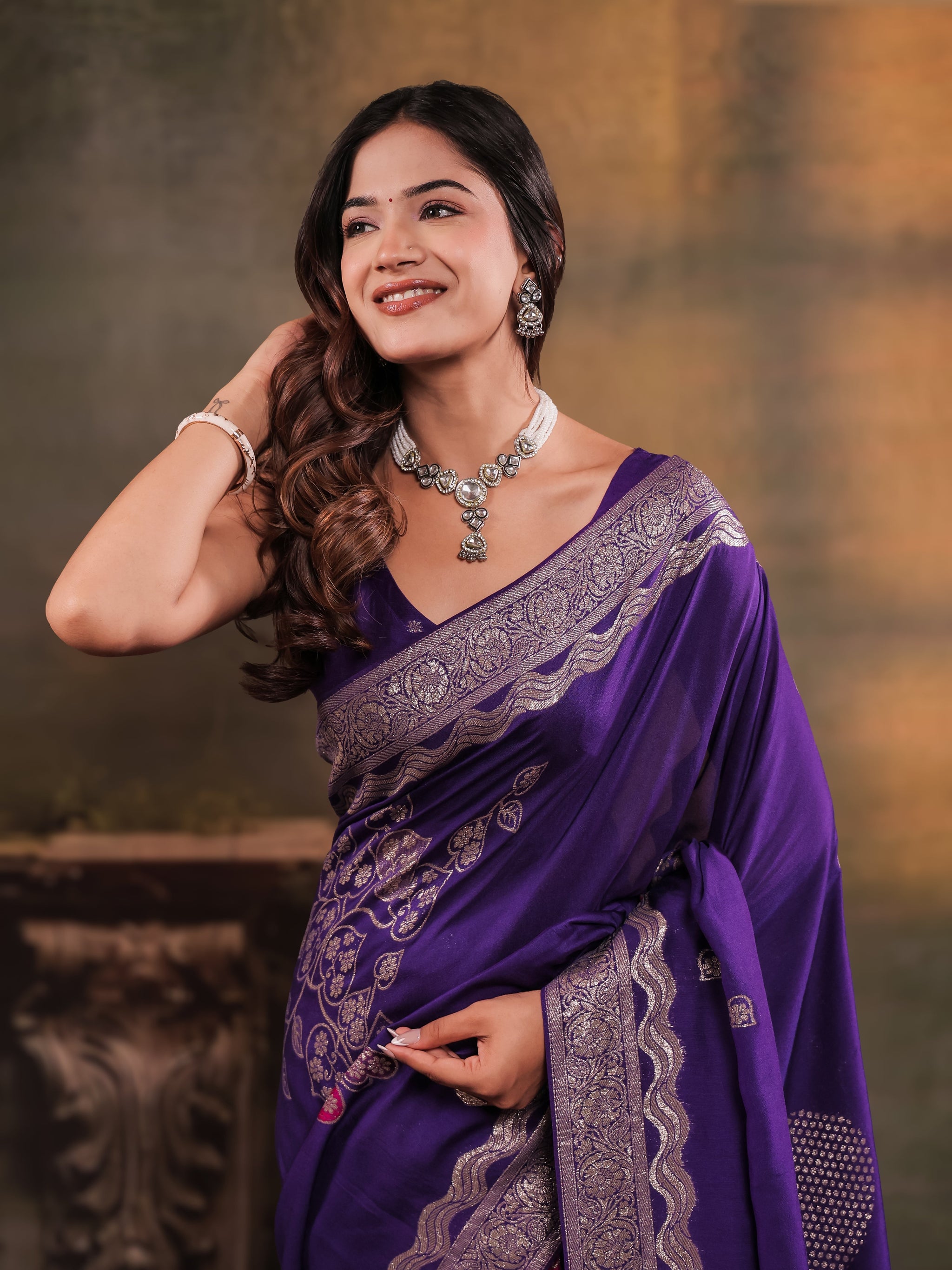 Royal Purple Nylon Viscose Pure Saree with Floral Woven Border, Artistic Floral Design, Designer Pallu & Tassel Edges