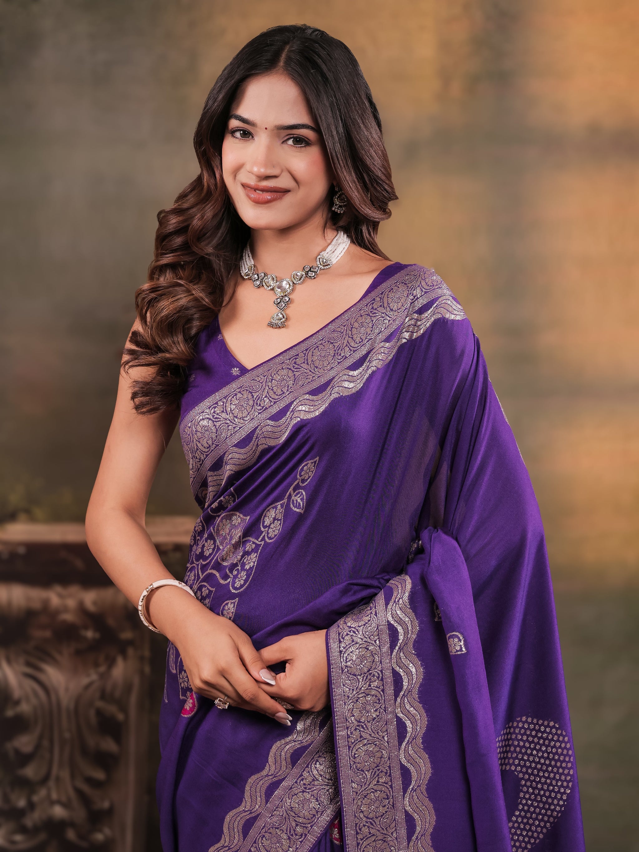 Royal Purple Nylon Viscose Pure Saree with Floral Woven Border, Artistic Floral Design, Designer Pallu & Tassel Edges