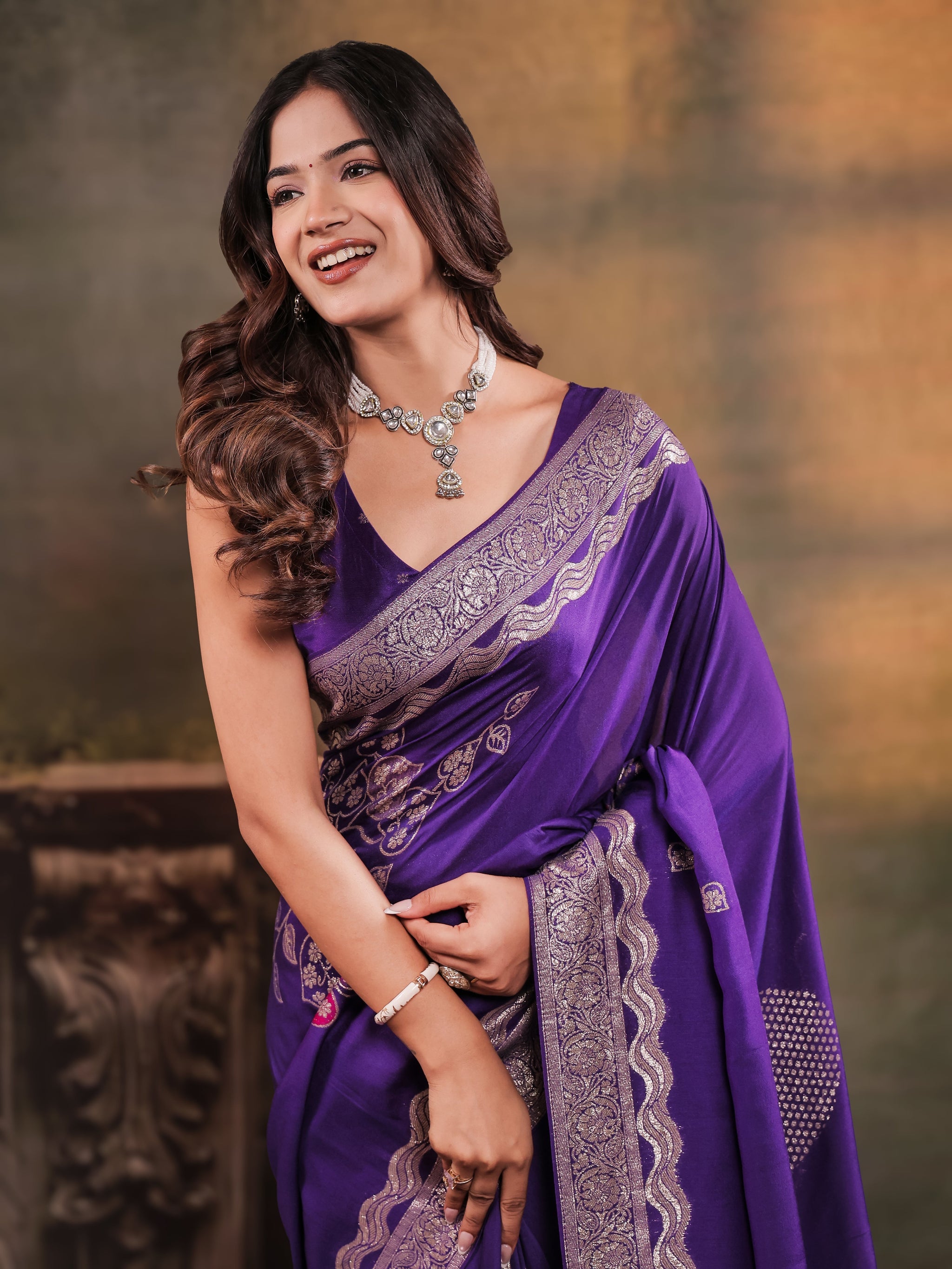 Royal Purple Nylon Viscose Pure Saree with Floral Woven Border, Artistic Floral Design, Designer Pallu & Tassel Edges