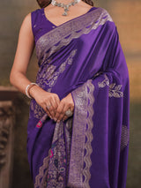 Royal Purple Nylon Viscose Pure Saree with Floral Woven Border, Artistic Floral Design, Designer Pallu & Tassel Edges