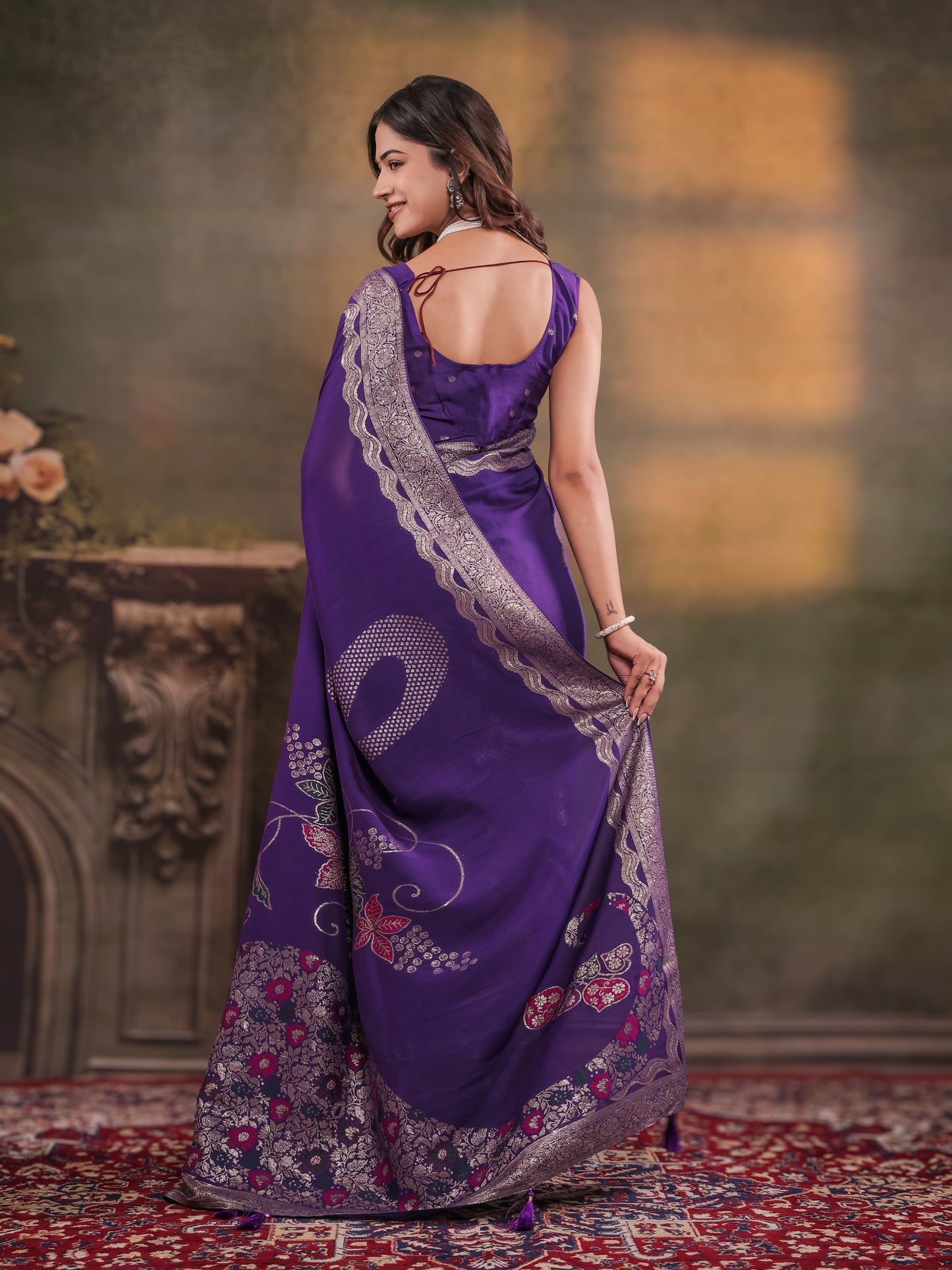 Royal Purple Nylon Viscose Pure Saree with Floral Woven Border, Artistic Floral Design, Designer Pallu & Tassel Edges