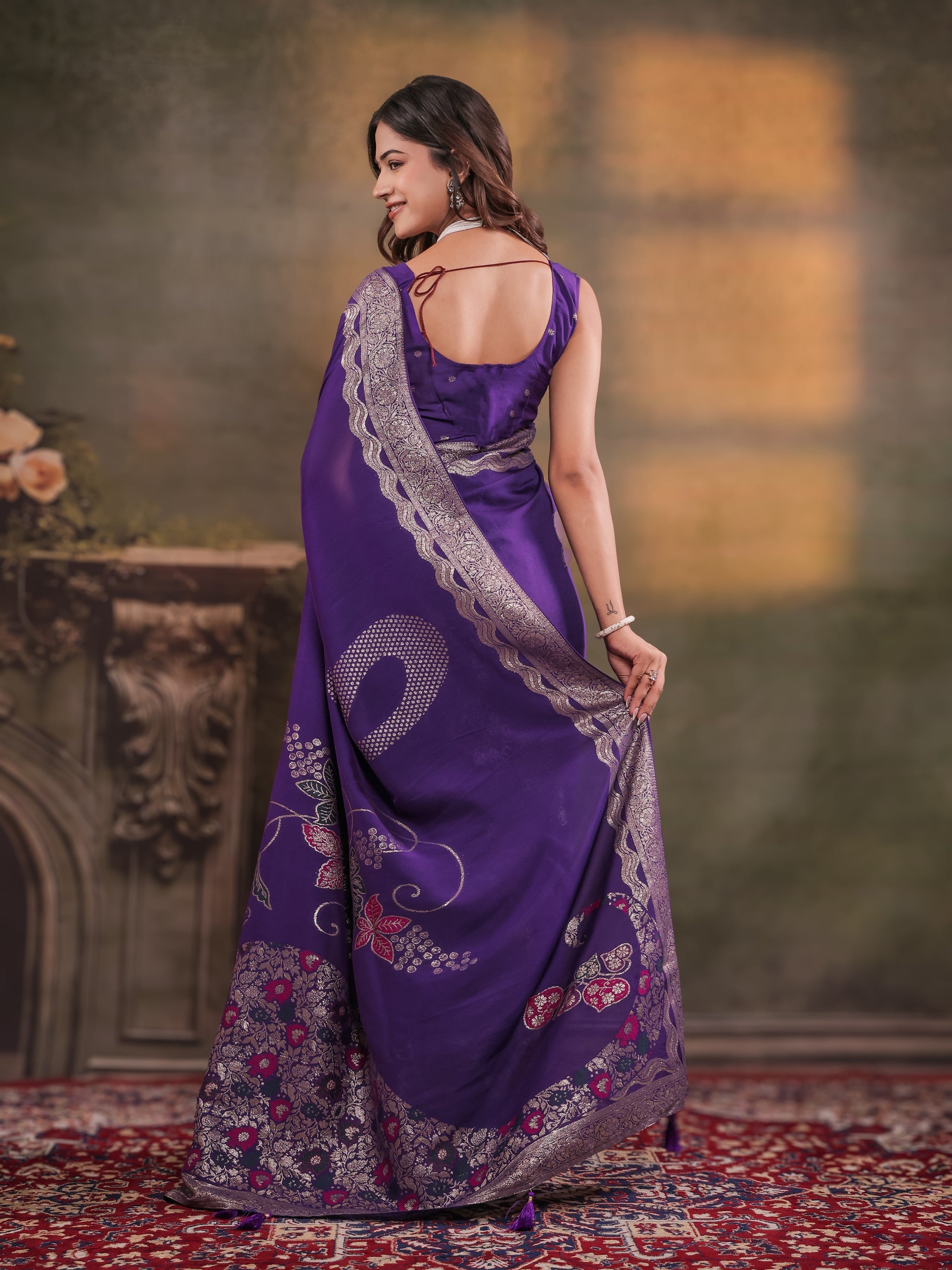 Royal Purple Nylon Viscose Pure Saree with Floral Woven Border, Artistic Floral Design, Designer Pallu & Tassel Edges