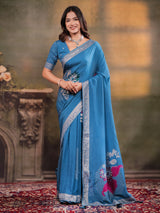 Sky Blue Nylon Viscose Pure Saree with Silver Woven Border, Floral Designer Motifs, Elegant Pallu & Tassel Edges