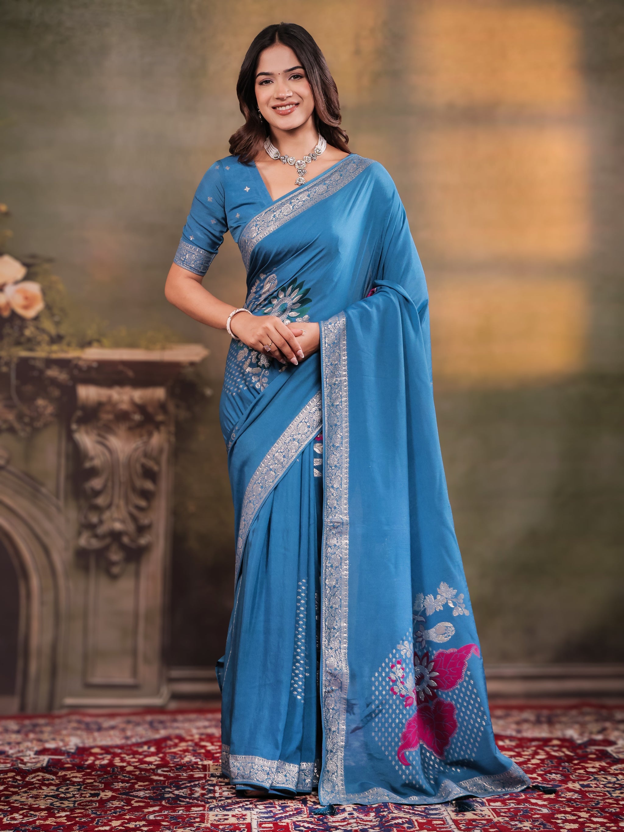 Sky Blue Nylon Viscose Pure Saree with Silver Woven Border, Floral Designer Motifs, Elegant Pallu & Tassel Edges