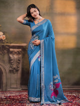 Sky Blue Nylon Viscose Pure Saree with Silver Woven Border, Floral Designer Motifs, Elegant Pallu & Tassel Edges